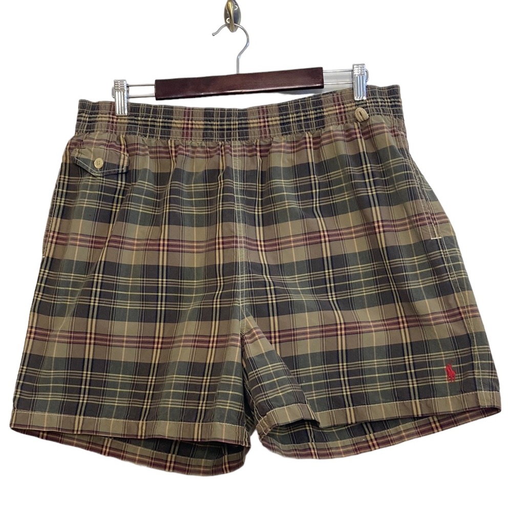 Polo Ralph Lauren Swim Trunks Mens XL Brown Plaid Cotton Nylon Beach Shorts